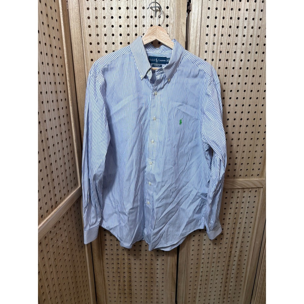 Ralph Lauren Mens Classic Fit Striped Button Down Shirt Blue White 16.5 34/35